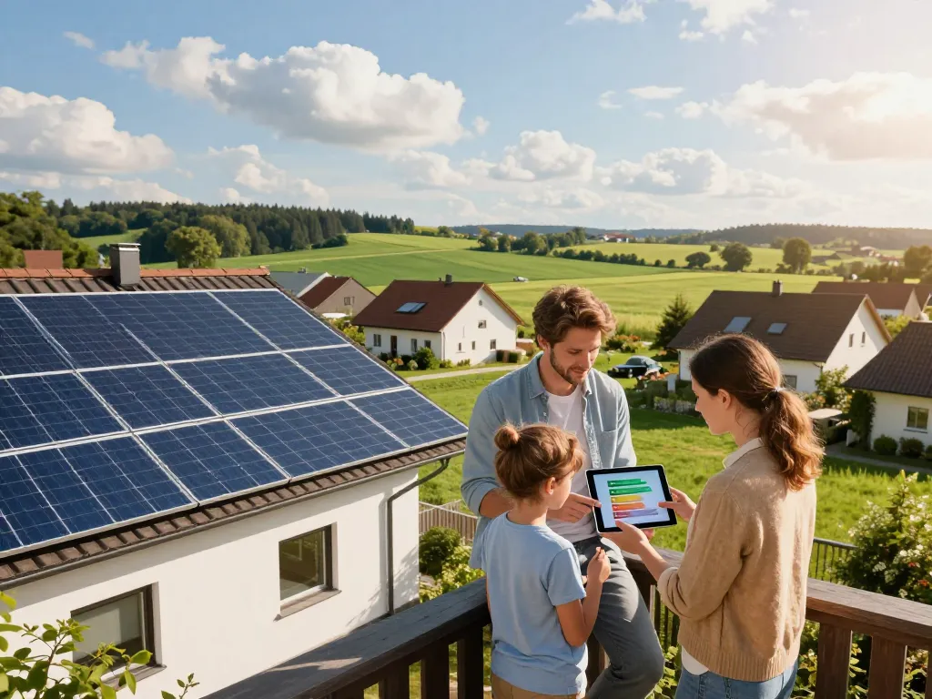 Photovoltaik Bayern Wohngebiet mit Familien, die Lösungen und Angebote für Solarenergie diskutieren.