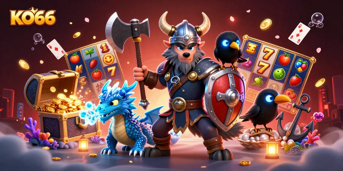 Experience KO66's vibrant gaming world with cartoon characters and dynamic slot elements.