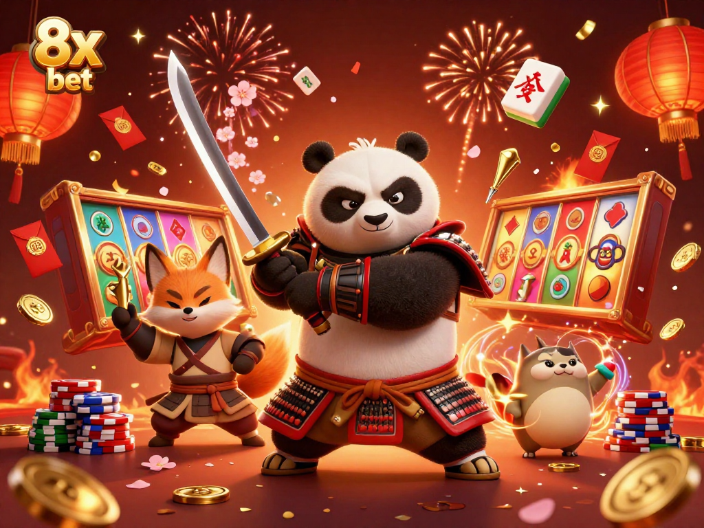 Engage your skills with 8x bet in a vibrant casino scene featuring a samurai panda, ninja fox, and magical tanuki.
