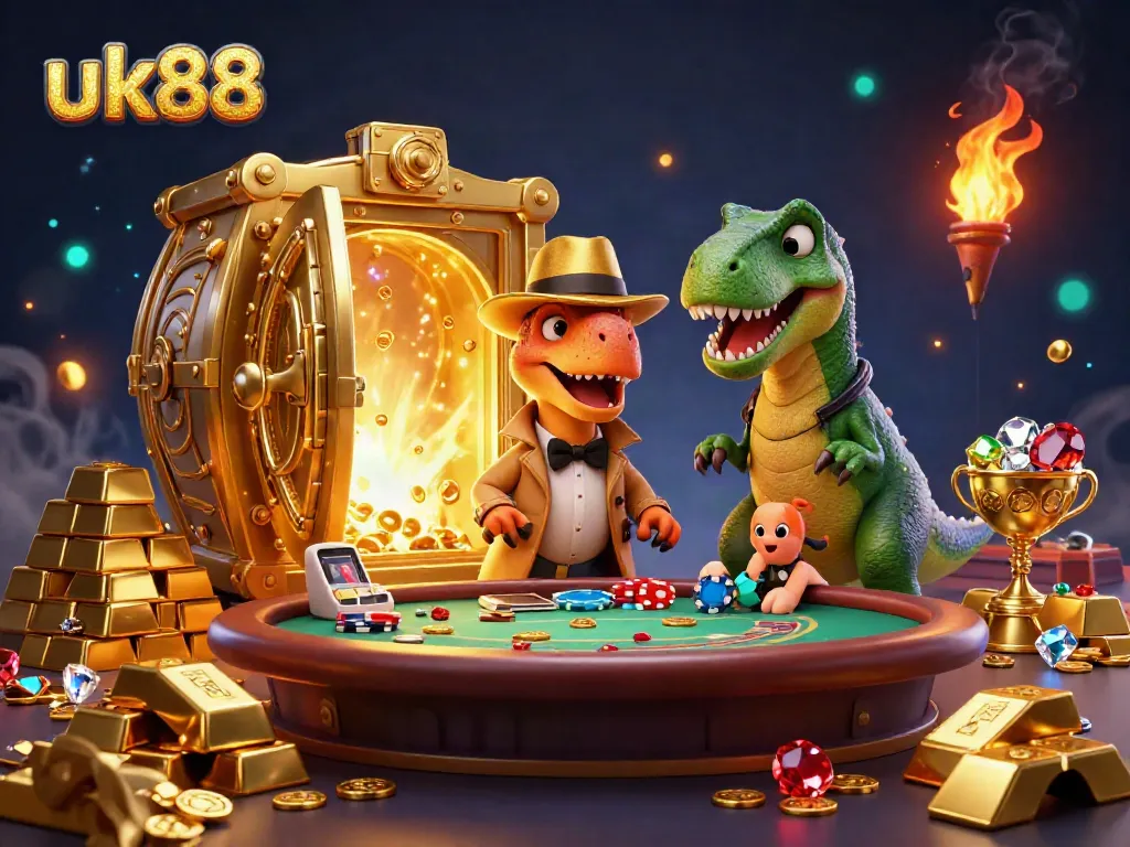 Experience thrilling gameplay at the blackjack table with the uk88 velociraptor card counter under the gaze of a stegosaurus pit boss.