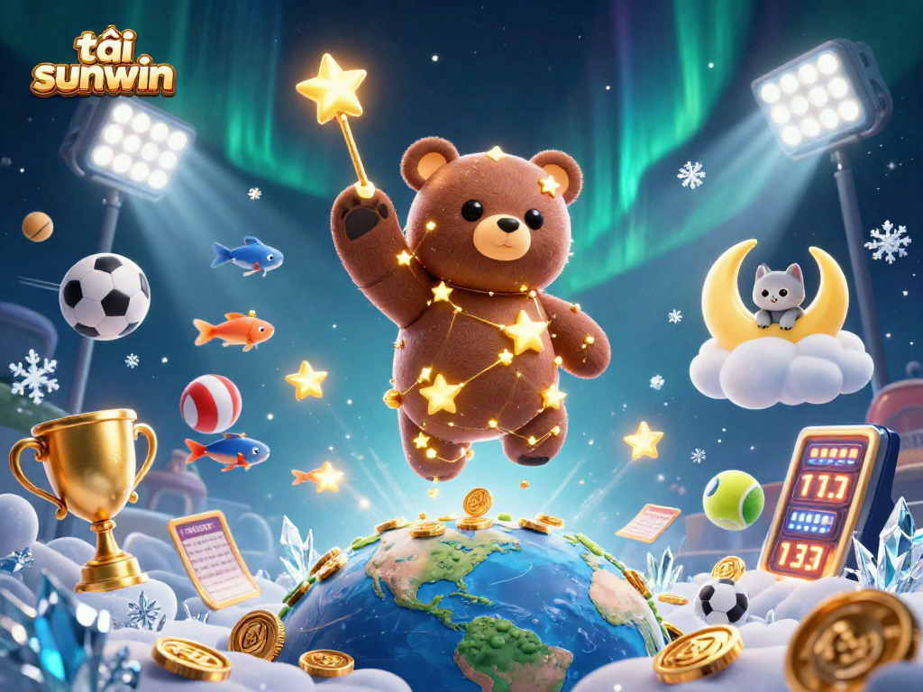 Engage with tải sunwin as a constellation bear scoops winning coins in an immersive gambling scene.