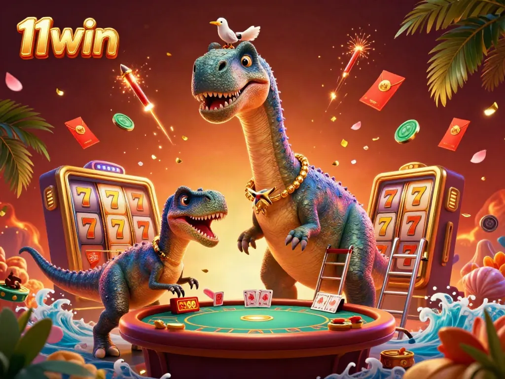 Experience thrilling fun at 11win with a giant brontosaurus and raptor dealer in a vibrant casino setting.