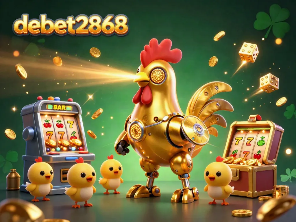 Experience debet2868's vibrant casino world with golden rooster robot characters and jackpot elements.