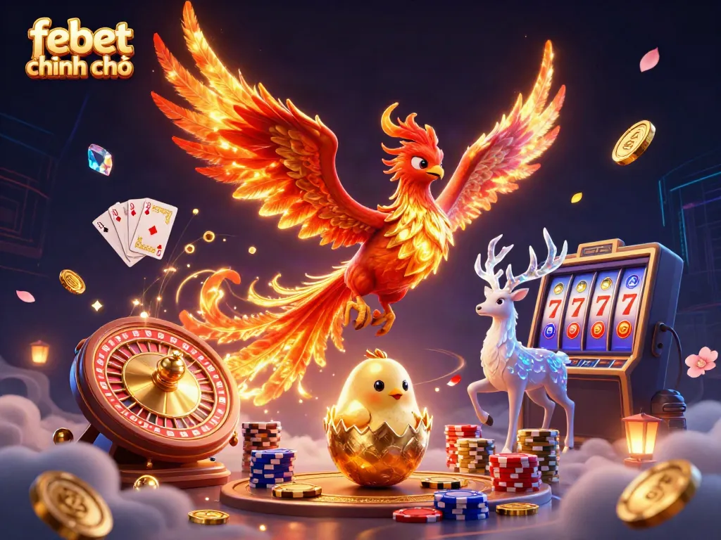 Experience dynamic gaming with febet chính chủ, featuring a colorful phoenix, golden coins, and vibrant cards.