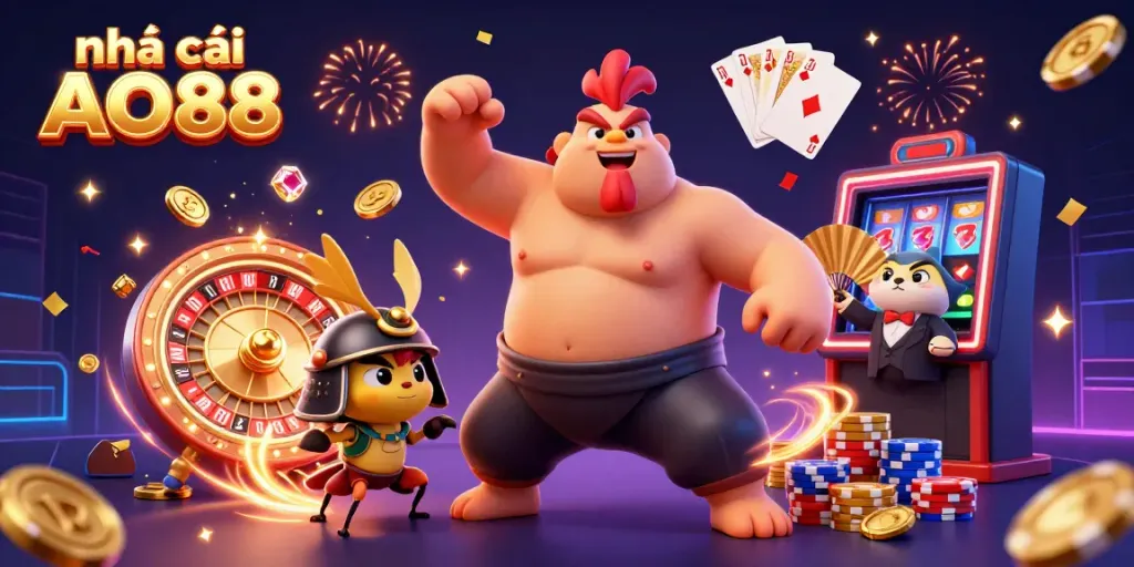 Experience the excitement of nhà cái AO88 with a dynamic scene featuring a sumo wrestler rooster, fierce cricket, and announcer amidst casino chaos.