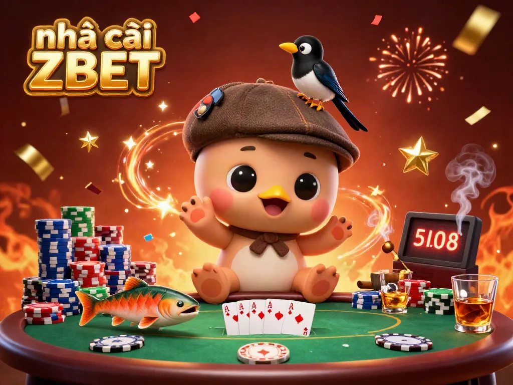 Engaging illustration featuring nhà cái ZBET characters celebrating around a poker scene filled with vibrant casino elements.