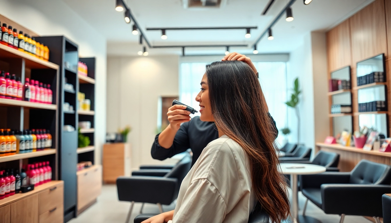 염색 미용실 showcasing a professional hairstylist dyeing hair in a vibrant salon interior.