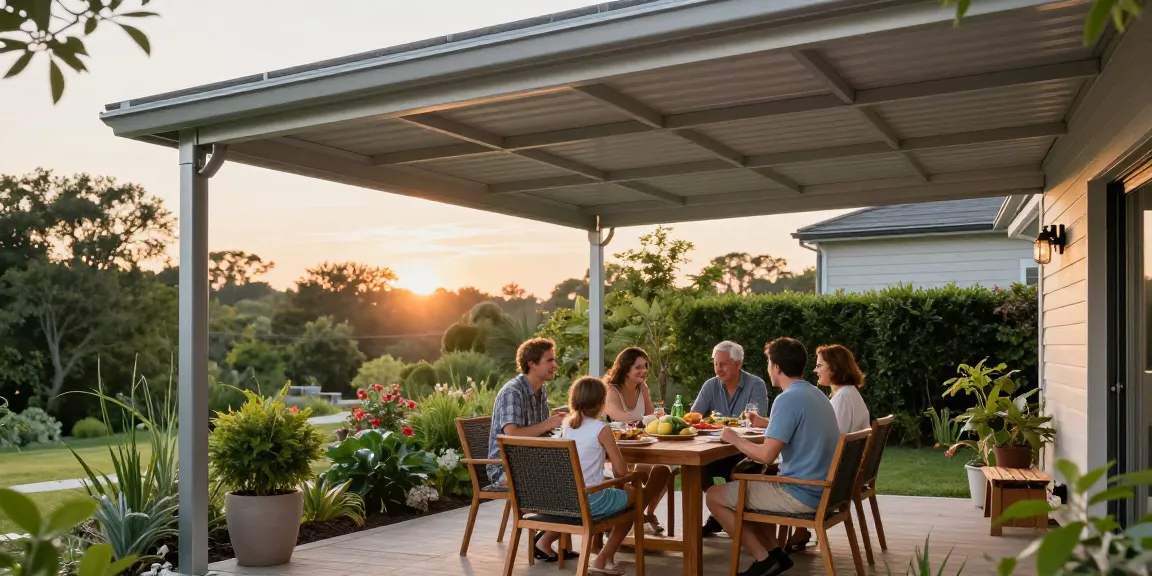Terrassenüberdachung in modernem Design mit Familie beim Essen im Freien.