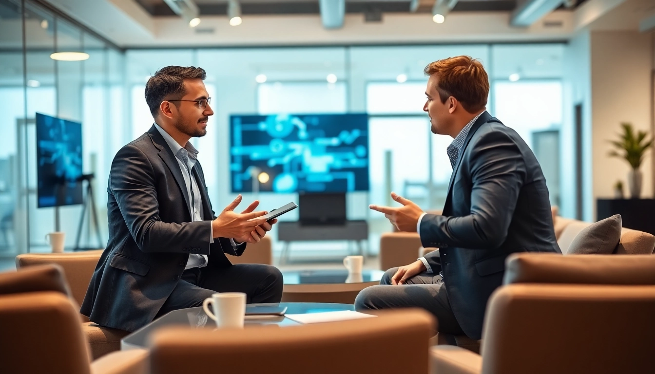 Headhunter IT meeting with a client in a professional office setting to discuss recruitment.