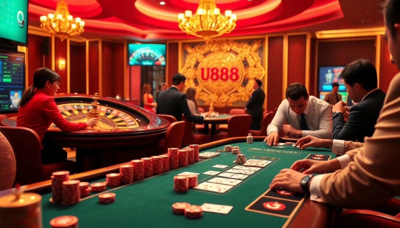 Experience excitement at Nhà cái U888 with elegant poker tables and vibrant casino elements.