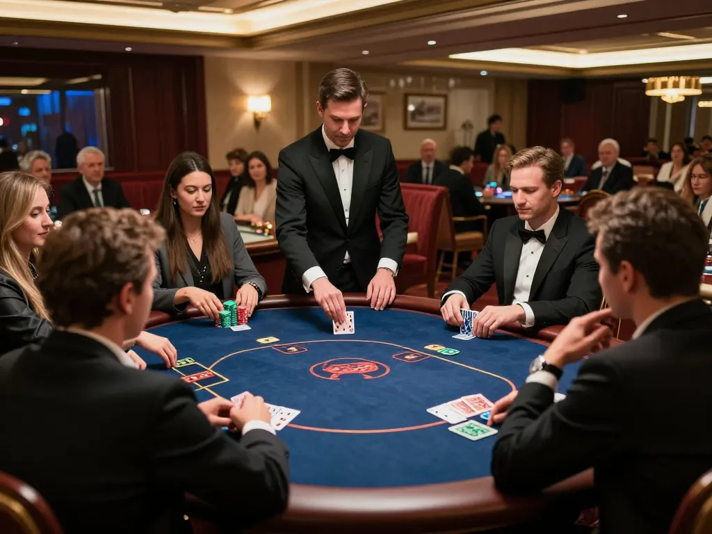 Player analyzing strategy at a poker table in an upscale casino, tr88 gaming experience highlighted.