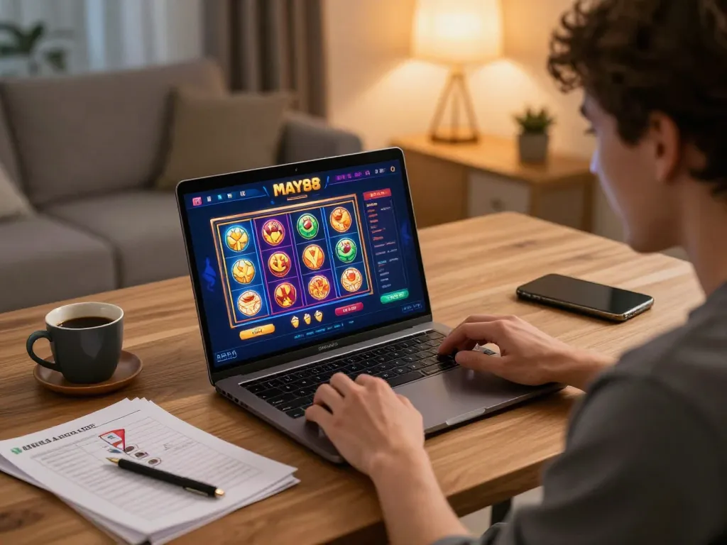 MAY88 user enjoying online casino slots with vibrant graphics and cozy home setting