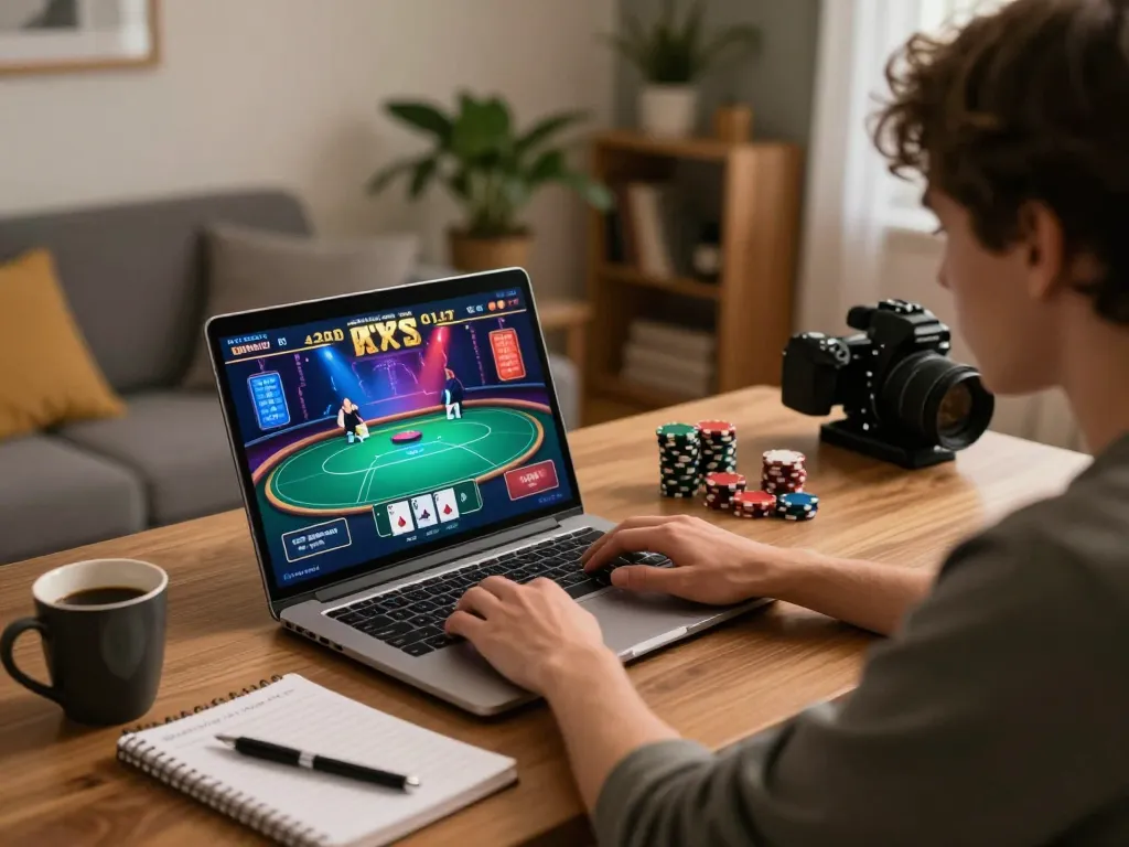 Immobilienmakler Frankfurt Eckenheim, der zu Hause strategisch Online-Poker spielt, mit einem lebhaften Laptop-Interface.