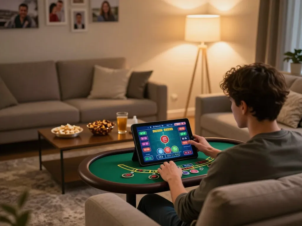 Engage in live dealer blackjack on ee88go from a cozy living room setup with snacks and drinks.