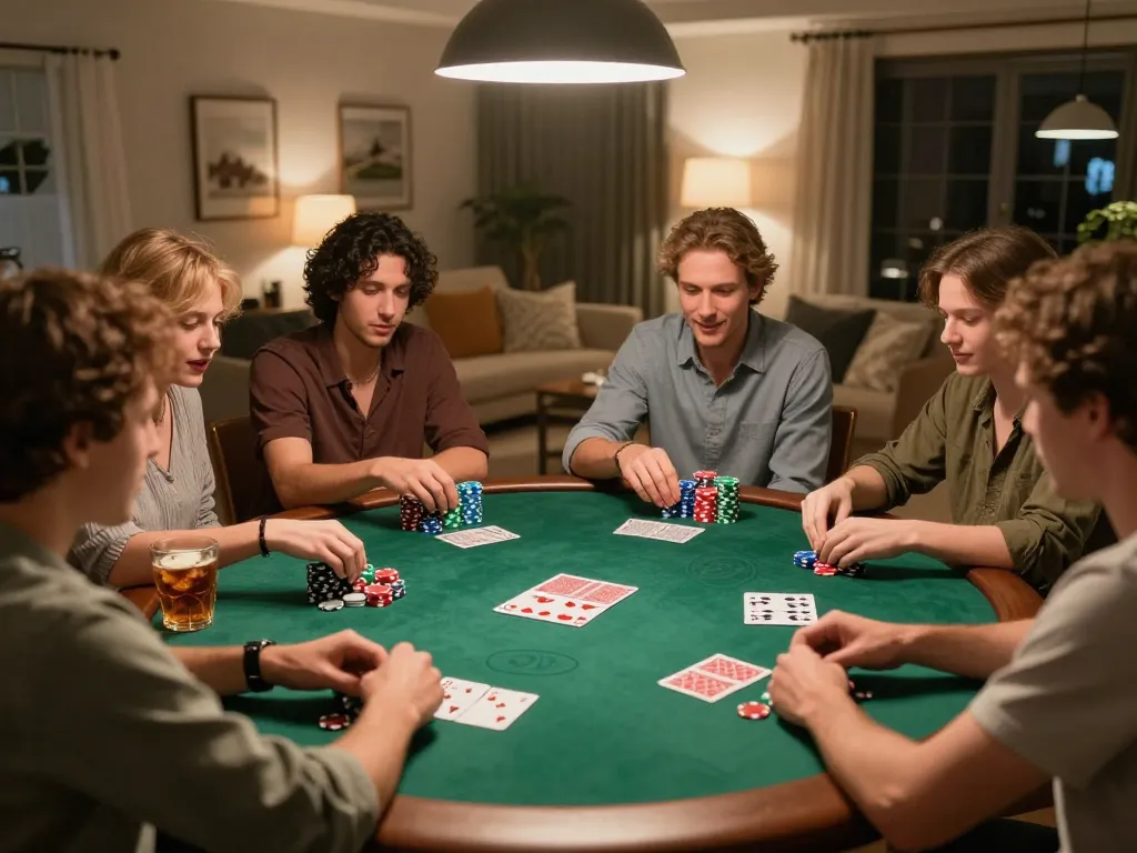 Friends playing poker in a cozy home setting, illustrating the engaging experience at nhà cái lc88.