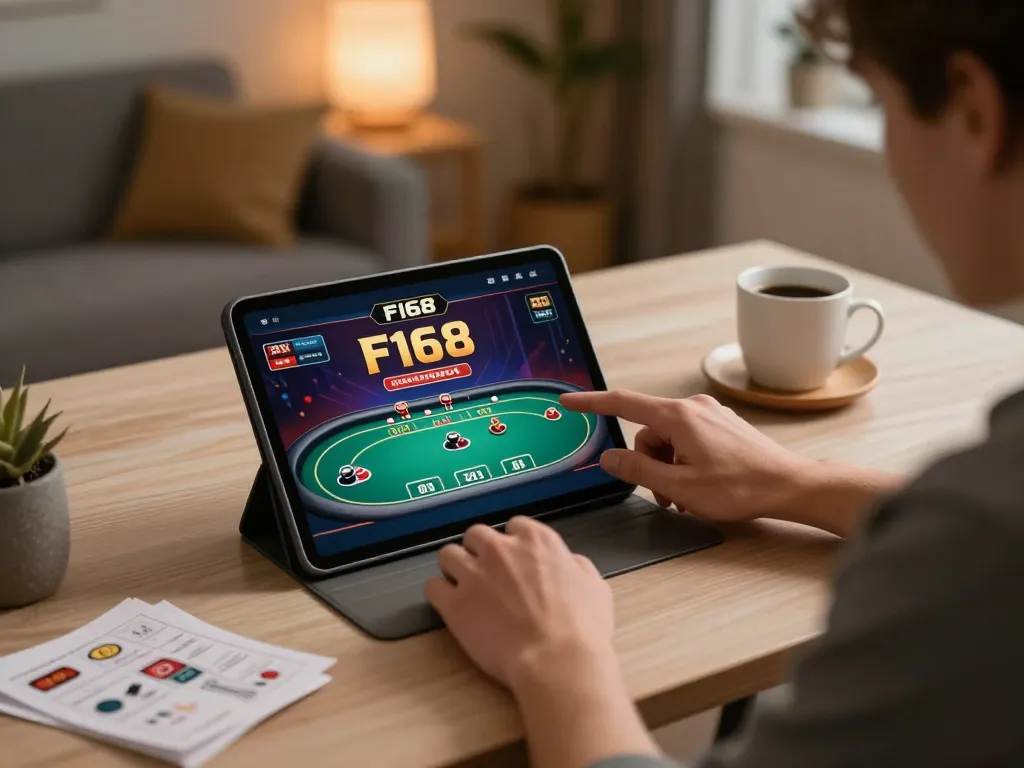 Engaged player strategizing in f168 online casino game from comfortable home setup.