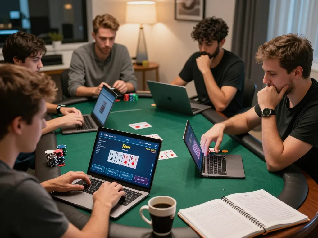 Players enjoying a strategic online poker game at home, discussing Kkwin strategies on laptops.