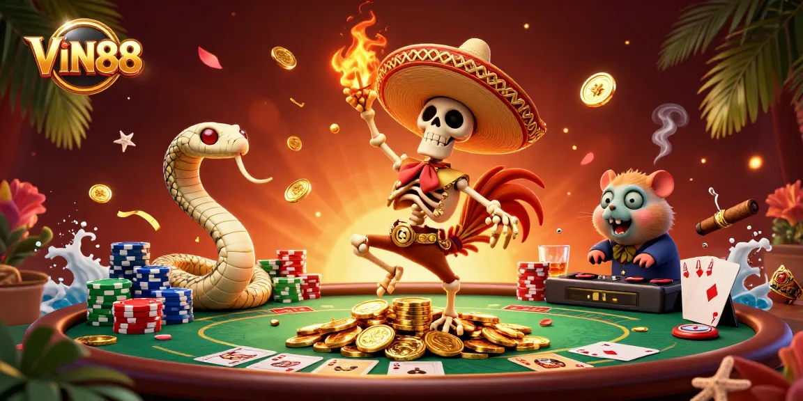 Experience the thrill of VIN88 with vibrant casino characters celebrating on a mound of golden coins.