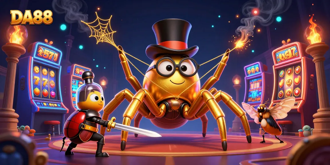 Spin and win with DA88 in a vibrant casino scene filled with golden elements and animated characters.