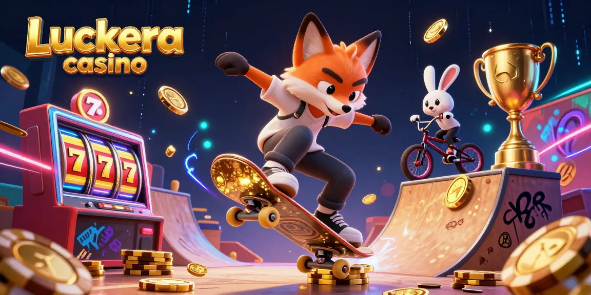 Luckera Casino: Stylisierte 3D-Illustration mit einem skateboardenden Fuchs und goldenen Pokernchips.