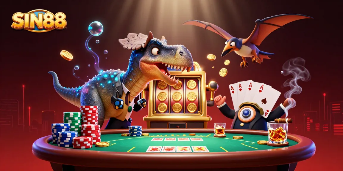 SIN88 offers high-stakes excitement as dinosaur characters engage in thrilling jackpot celebrations.