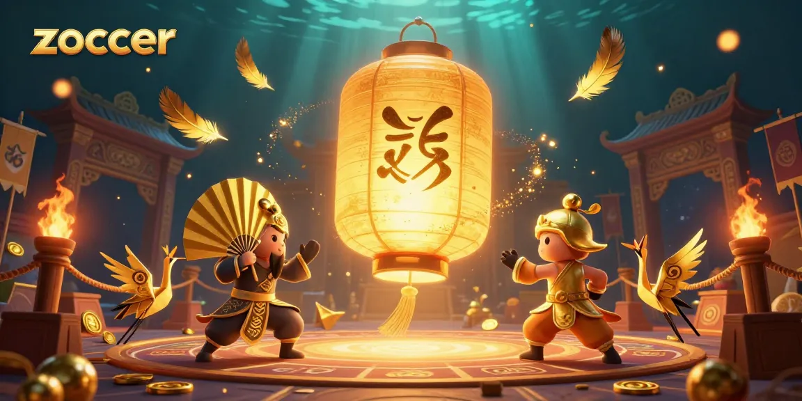 Zoccer's vibrant 3D casino scene featuring a golden lantern spirit and paper fan warriors amidst dynamic game elements.