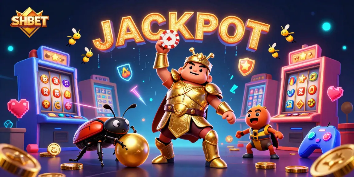 SHBET players celebrate victory with a 3D beetle and jackpot theme in a lively casino setting.