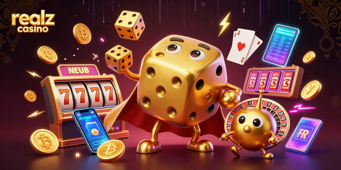 Experience realz casino action with a dynamic illustration of a golden dice golem and slot elements.