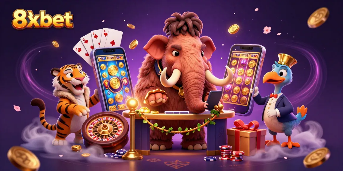 Experience exciting games at 8xbet with a vibrant casino scene featuring unique characters and games.