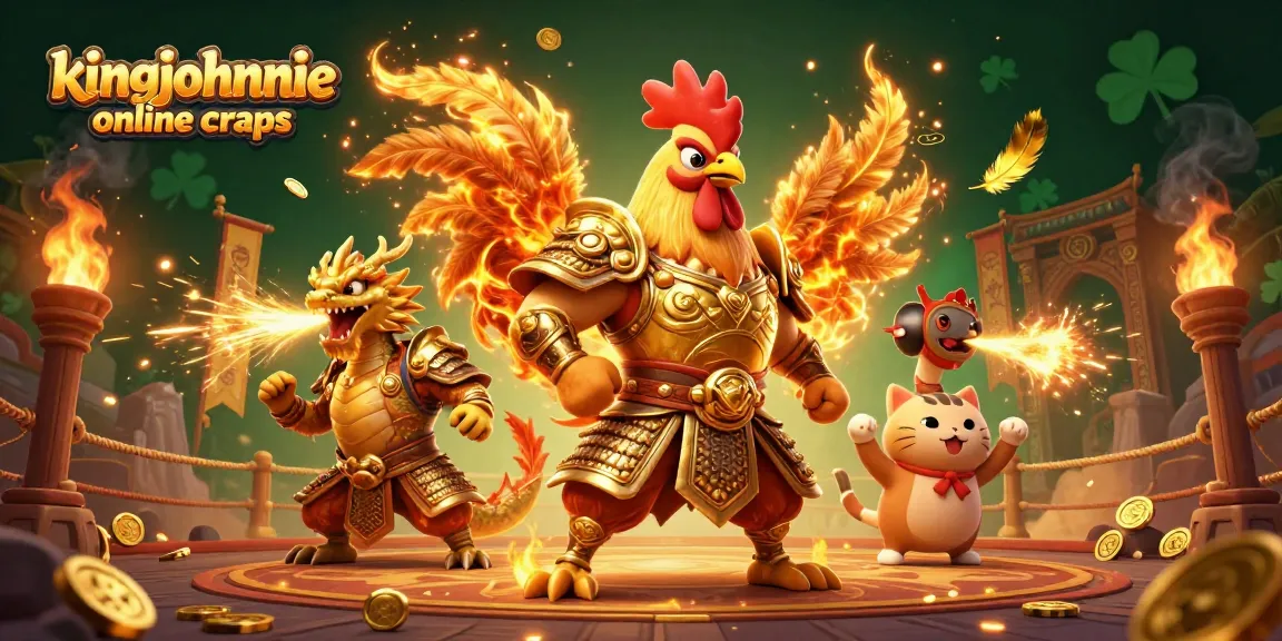 Engage in kingjohnnie online craps with a vibrant scene showcasing a fighting rooster, armored dragon, and fortune cat amidst golden elements.