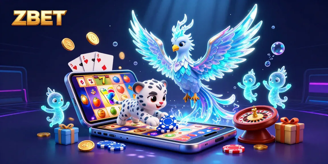 ZBET showcases an ice phoenix and snow leopard in a vibrant 3D casino scene with slot game elements.