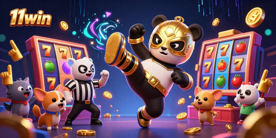 11win showcases a lively 3D cartoon wrestling scene with vibrant slot machines and playful characters.